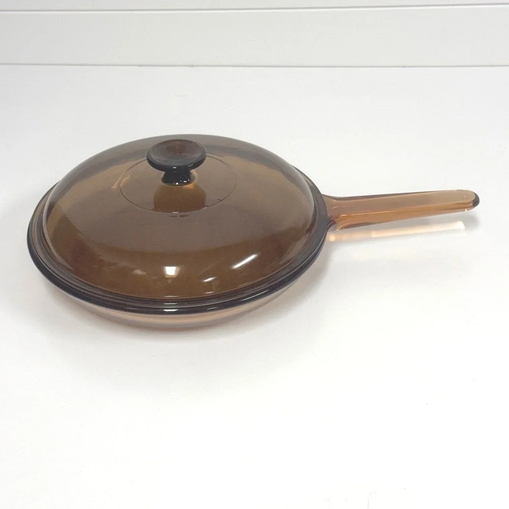 Vintage Corning Visions Amber Glass Skillet Frying Pan with Lid 10